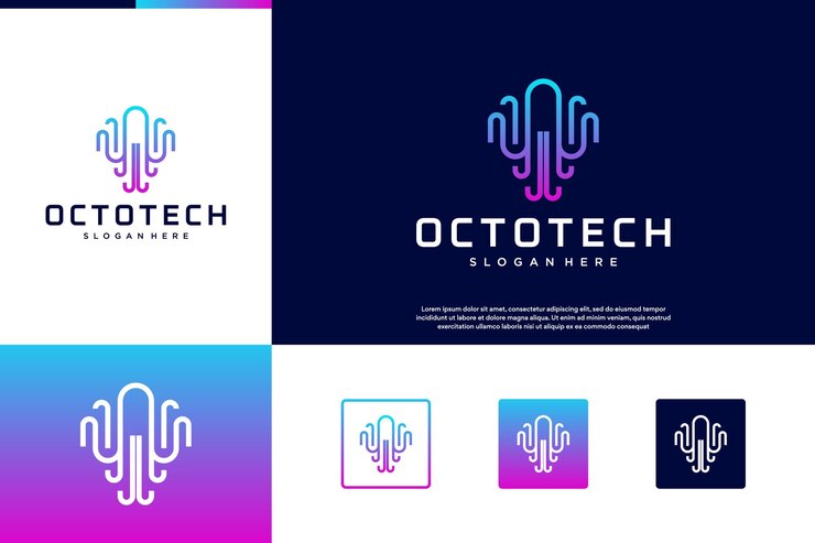 Vector technology abstract logo with octopus concept line art style vector graphic design