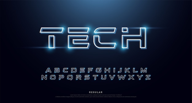 Tecnologia astratta neon font e alfabeto.