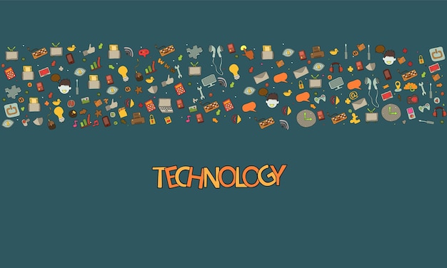 Technology background with media icons hand lettering and doodles elements background