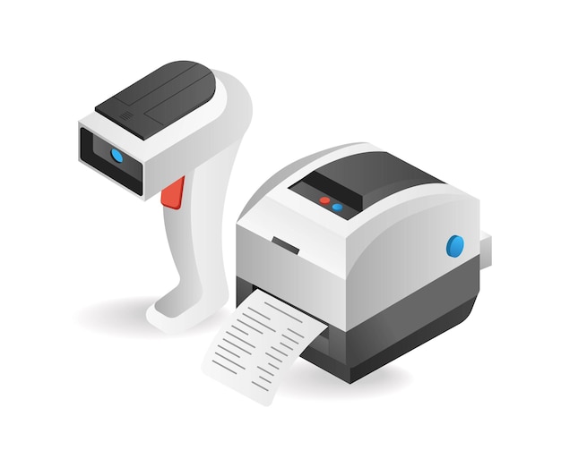 Vector technology barcode scan tool and note print isometric illustration concept