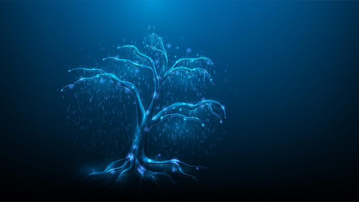 Vector technology big data tree digital on blue dark background. futuristic low poly wireframe concept .