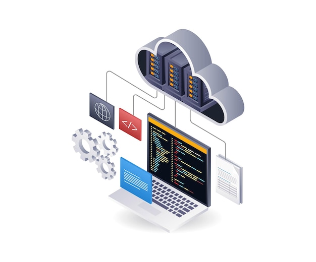 technology cloud server programming language isometric flat 3d illustration infographic
