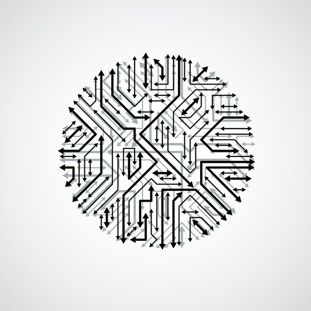 Technology communication cybernetic element with arrows. Vector abstract illustration of circuit board in the shape of circle.