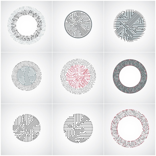 Technology communication cybernetic elements collection with arrows. Set of vector abstract circuit boards in the shape of circles.