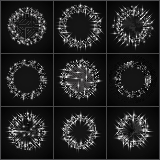 Collezione di elementi cibernetici luminescenti di comunicazione tecnologica. set di circuiti stampati vettoriali astratti a forma di cerchi con effetto lucentezza.