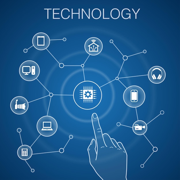 Вектор Концепция технологии, синий фон умный дом, фотоаппарат, планшетный компьютер, значки смартфонов