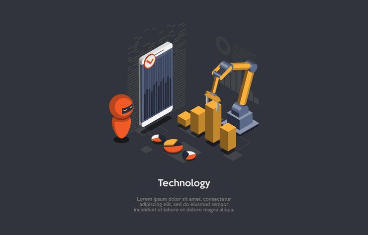 Vector technology concept design. cartoon 3d style, isometric vector illustration with text. automated robotic machines, working process simplifying. smart phone with graphs, robot, mechanism, infographics