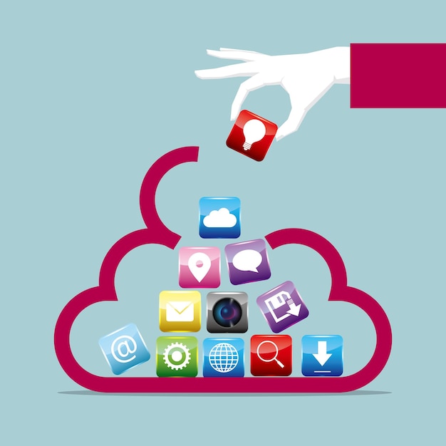 Technology concept design, one hand holding app icon, put in cloud symbol.