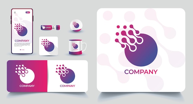 Modello di logo di dati creativi di tecnologia e design di cancelleria con colore sfumato