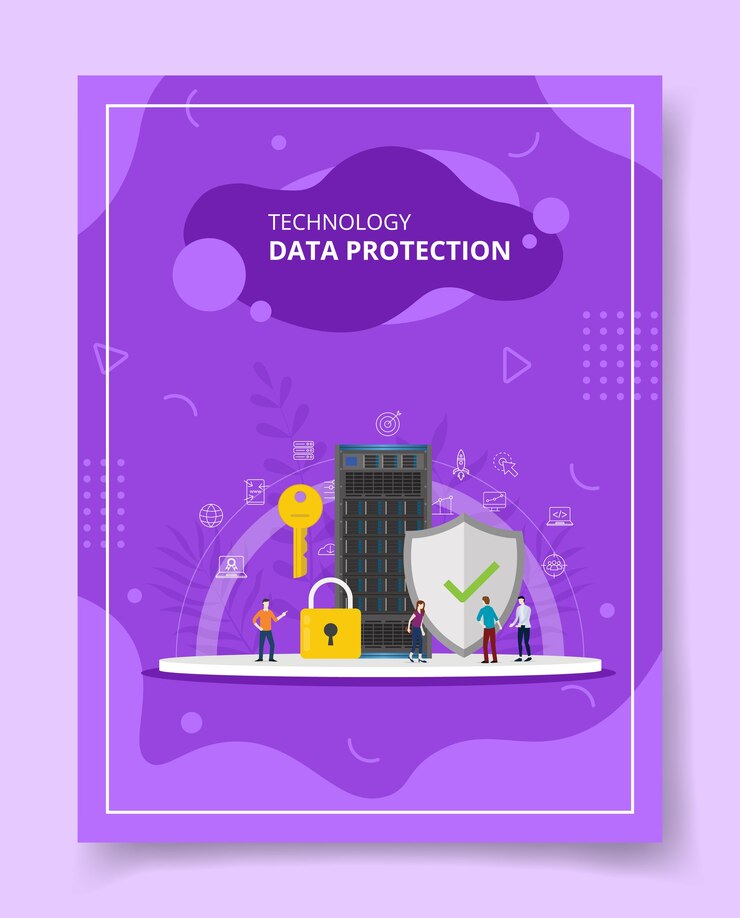 Vector technology data protection people standing around key padlock shield server template
