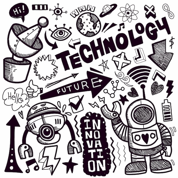 Technology  doodle drawing collection.hand drawn doodle illustrations in cartoon style.