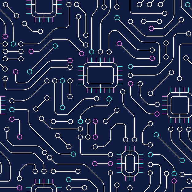 Technology electronic devices seamless pattern circuit board background AI and artificial intelligence training concept Vector illustration