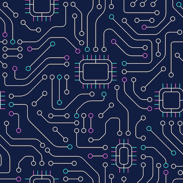 Vettore tecnologia dispositivi elettronici senza soluzione di continuità circuito circuito sfondo ai e concetto di formazione di intelligenza artificiale illustrazione vettoriale