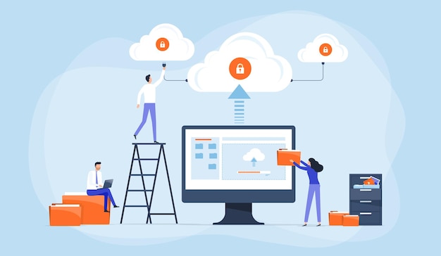 technology file upload backup on cloud server storage concept