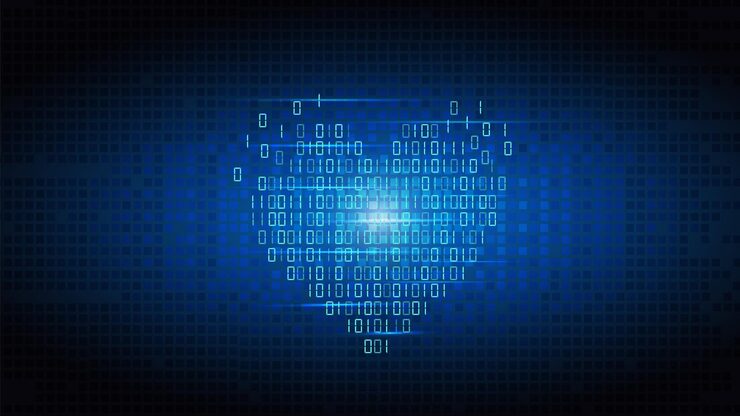Vector technology heart love data code digital tech matrix for valentine day one and zero symbols encryption binary internet coding programming background vector illustration concept
