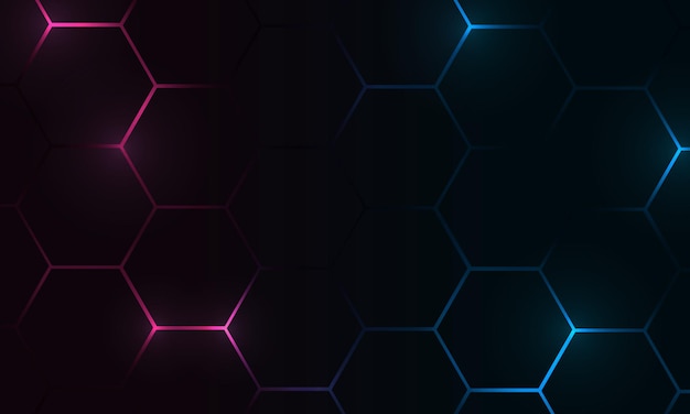 Vector technology hexagon dark futuristic abstract vector background with pink and blue colored bright flashes under hexagon. hexagonal gaming honeycomb abstract background.