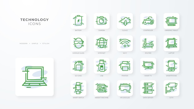 Collezione di icone tecnologiche con stile contorno verde concetto dati digitali astratto rete internet tech illustrazione vettoriale