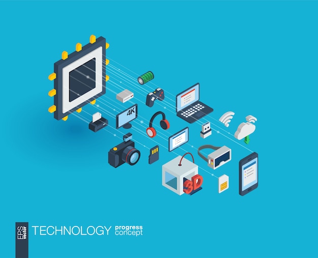 Vector technology integrated  web icons. digital network isometric progress concept. connected graphic  line growth system. background whith wireless printing and virtual reality.  infograph
