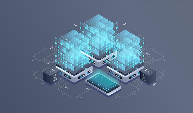 Technology isometric illustration of quantum computer.