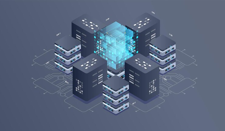 Vector technology isometric illustration of quantum computer.