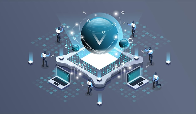 Technology isometric illustration of quantum computer.