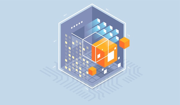 technology isometric illustration of quantum computer.