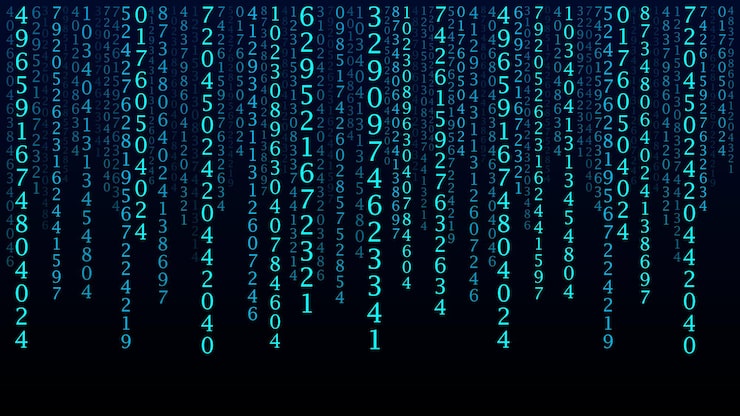 Vector 기술 매트릭스 배경 화면에 떨어지는 숫자가 있는 사이버 보안 벡터 이진 코드 디지털 시스템 데이터 디코딩 해킹된 개념