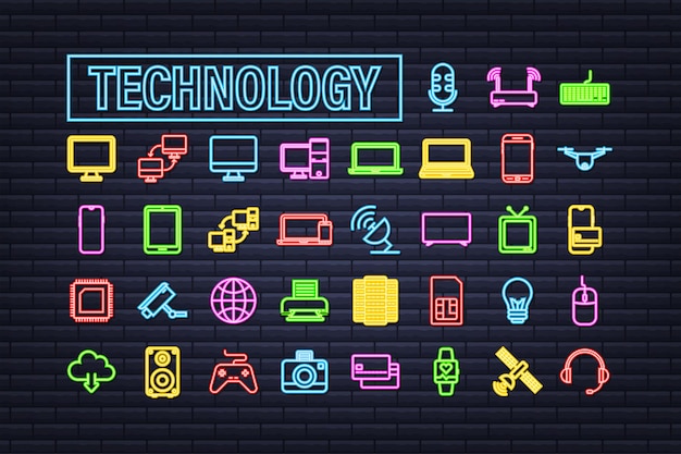 Icona di tecnologia al neon su sfondo scuro. tecnologie dell'informazione. comunicazione digitale. icona del dispositivo. connessione di rete globale. illustrazione di riserva di vettore.