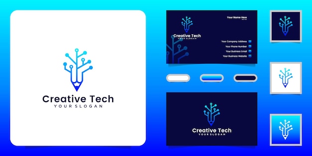 Technology pencil logo design inspiration with interconnected lines and business card