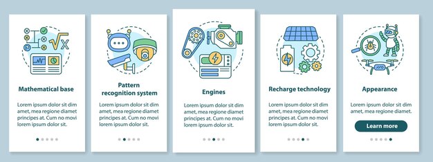 線形概念を備えたモバイルアプリページ画面をオンボーディングするロボット工学の技術。自律型デバイスのエンジニアリングウォークスルーステップのグラフィック命令。イラスト付きのUX、UI、GUIベクトルテンプレート