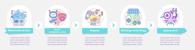 technology in robotics vector infographic template. business presentation design elements. data visualization with five steps and options. process timeline chart. workflow layout with linear icons