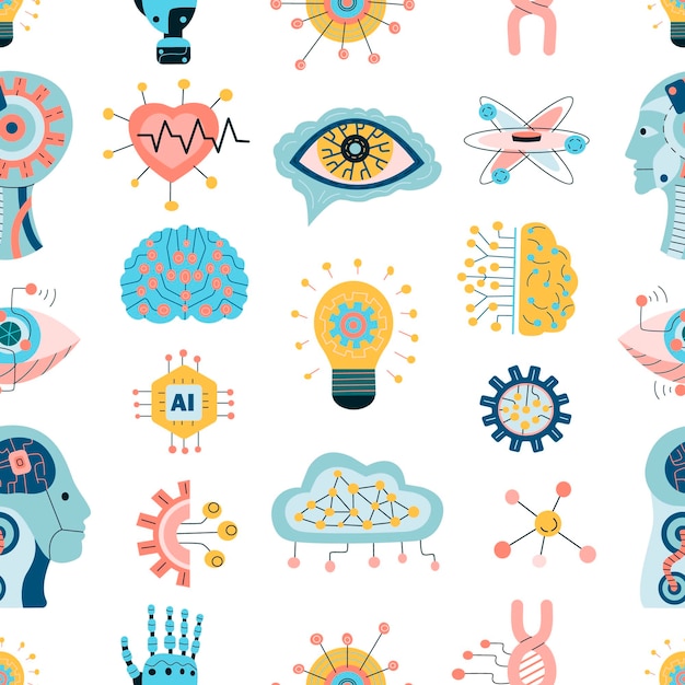 Technology seamless pattern with Hand Drawn Neural Networks robots and artificial intelligence database background information server center global network backup security vector background