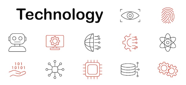 Technology set icon Robot chip atom fingerprint eye scan binary code gears data globe monitor network AI innovation science future cyber digital system