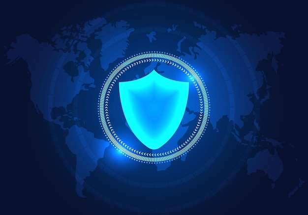 technology shield is on the world map with the technology circle it is software used to protect