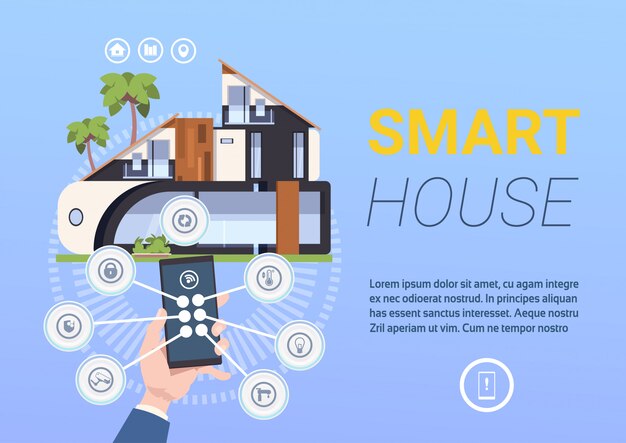 Technology smart home control and administration system with hands holding smartphone