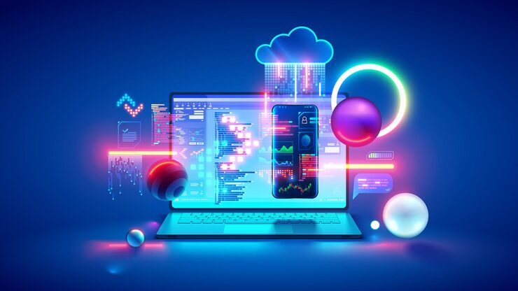 Vector technology of software development web design programming concept program code on screen laptop phone code of program data interface elements on screen laptop software development tech banner