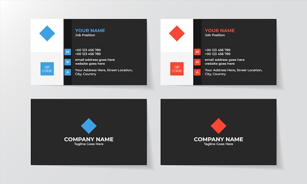 Vector technology style business cards template set, red and blue visiting cards