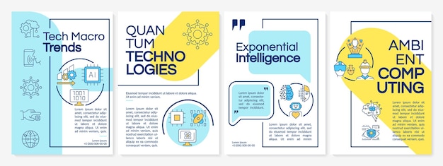 Tendenze tecnologiche modello di brochure blu e giallo sviluppo tecnologico design di volantini con icone lineari 4 layout vettoriali per la presentazione dei rapporti annuali anton latocaratteri regolari utilizzati