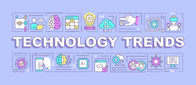 Technology trends word concepts purple banner Digital industry Infographics with icons on color background Isolated typography Vector illustration with text ArialBlack font used
