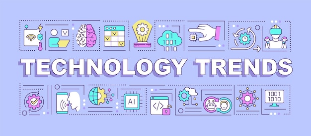 Tendenze tecnologiche concetti di parole banner viola industria digitale infografica con icone su sfondo colorato tipografia isolata illustrazione vettoriale con testo arialblack font utilizzato