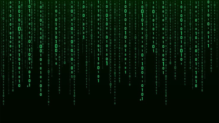 Vector 기술 터 이진 코드 화면에 무작위적으로 떨어지는 숫자 해킹된 소프트웨어 매트릭스 배경