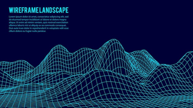 Technology wireframe landscape futuristic polygonal terrain background digital vector illustration retro design