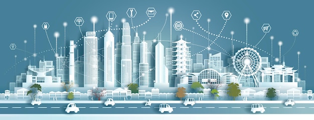 technology wireless network communication smart city with architecture landmarks hong kong