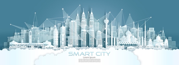 Технология беспроводной сети связи умный город с архитектурой в Малайзии на горизонте центра Азии