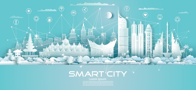 Città intelligente di comunicazione di rete wireless di tecnologia con l'icona nel grattacielo del centro dell'indonesia su fondo blu, città verde futuristica e vista di panorama.