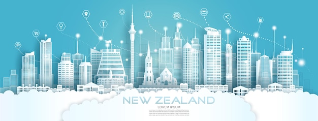 Technology wireless network communication smart city with icon in New Zealand