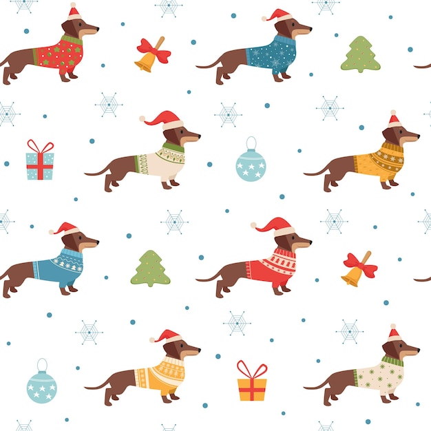 Teckel patroon kerst seizoensgebonden sjabloon met lange hond in winter gebreide truien kleding voor huisdieren vector naadloze achtergrond