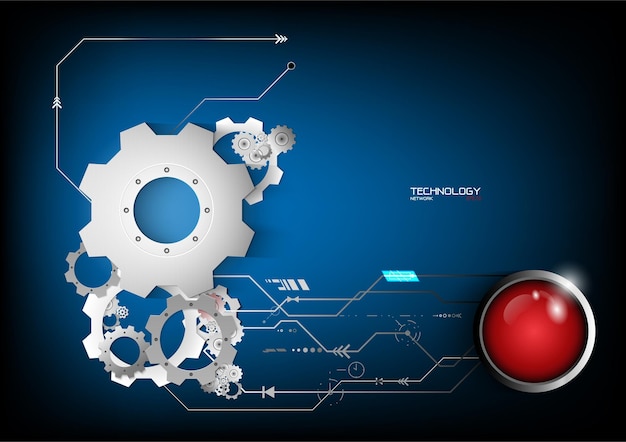 Vettore tecnologia e concetto di potenza con ingranaggi realistici e sfondo blu sfondo tecnologico