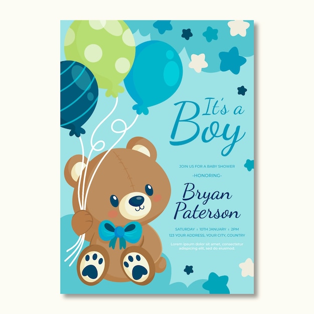 Vector teddy bear baby shower invitation template