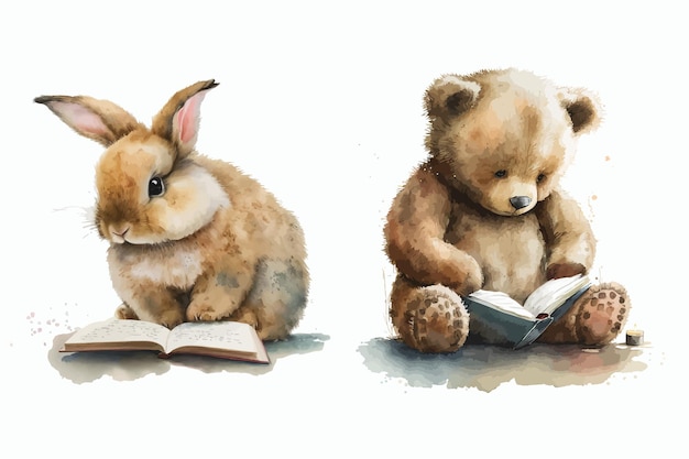 Teddy bear and bunny read books in 3d style Isolated vector illustration